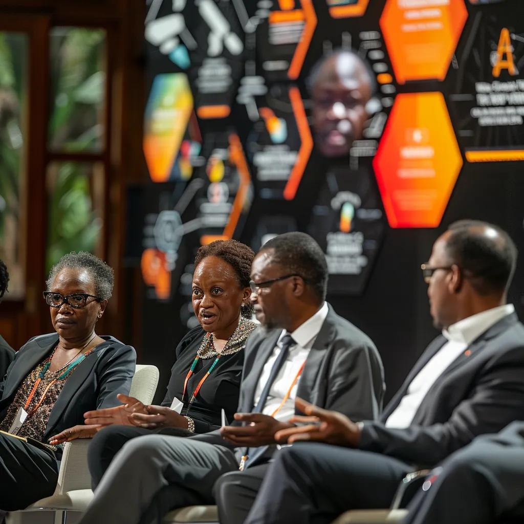 Prominent African mathematicians and AI leaders discussing at a conference