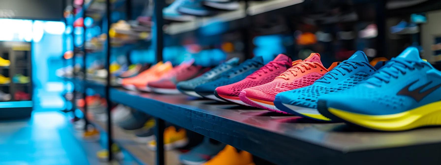 a close-up of a vibrant selection of running shoes displayed on a sleek, modern retail counter, emphasizing diverse styles and features ideal for beginners, set in a contemporary sports store environment.
