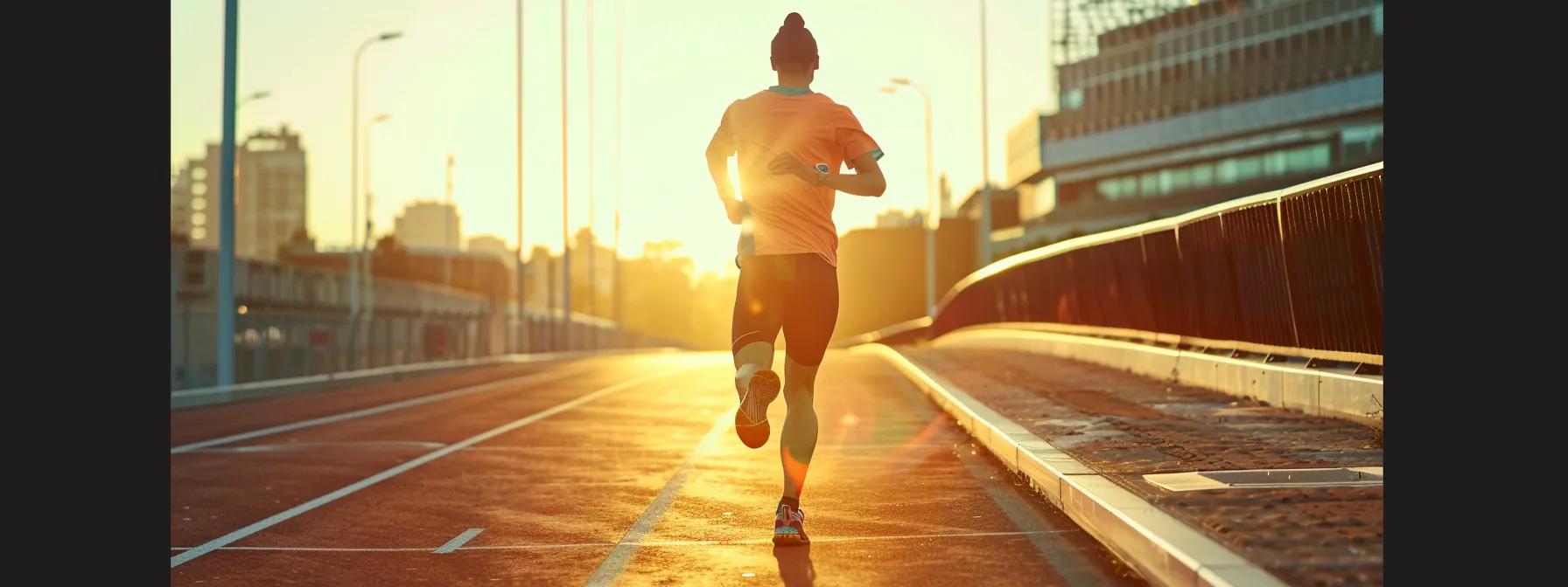 a determined athlete in lightweight, moisture-wicking gear trains on a sun-drenched urban track, engaging in a dynamic exercise while checking a wearable device to monitor body temperature, surrounded by vibrant hydration options and cooling accessories.
