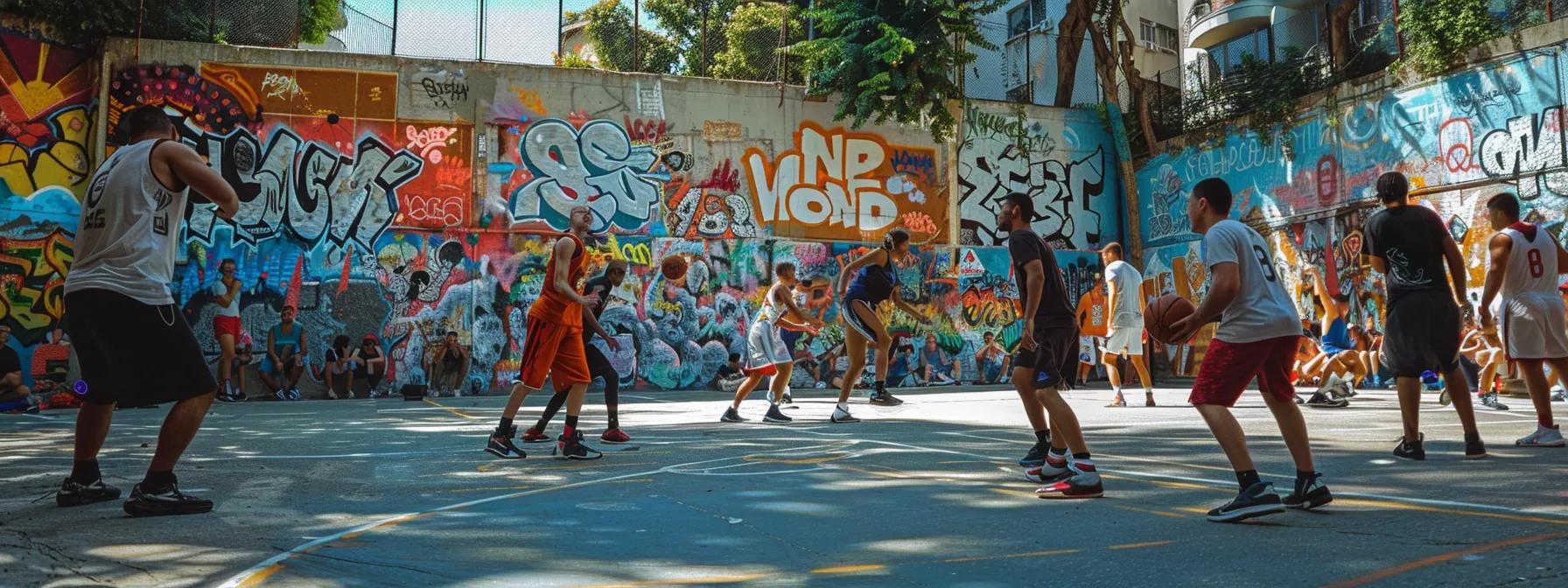 a dynamic and vibrant street basketball tournament unfolds in an urban basketball court, showcasing players executing impressive moves amid enthusiastic local supporters, with colorful graffiti art adorning the surrounding walls.