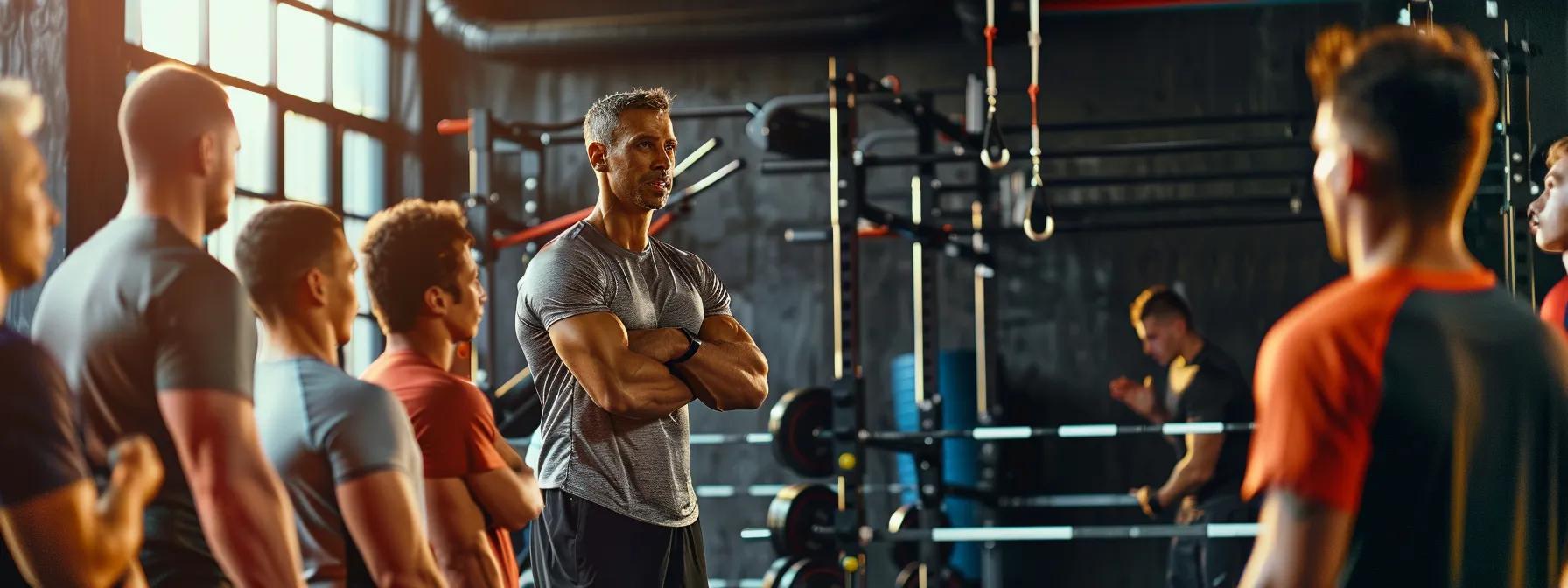 a dynamic coaching session unfolds in a modern indoor gym, showcasing a focused coach attentively engaging with a diverse group of athletes, emphasizing their different learning styles amidst an atmosphere of motivation and teamwork.