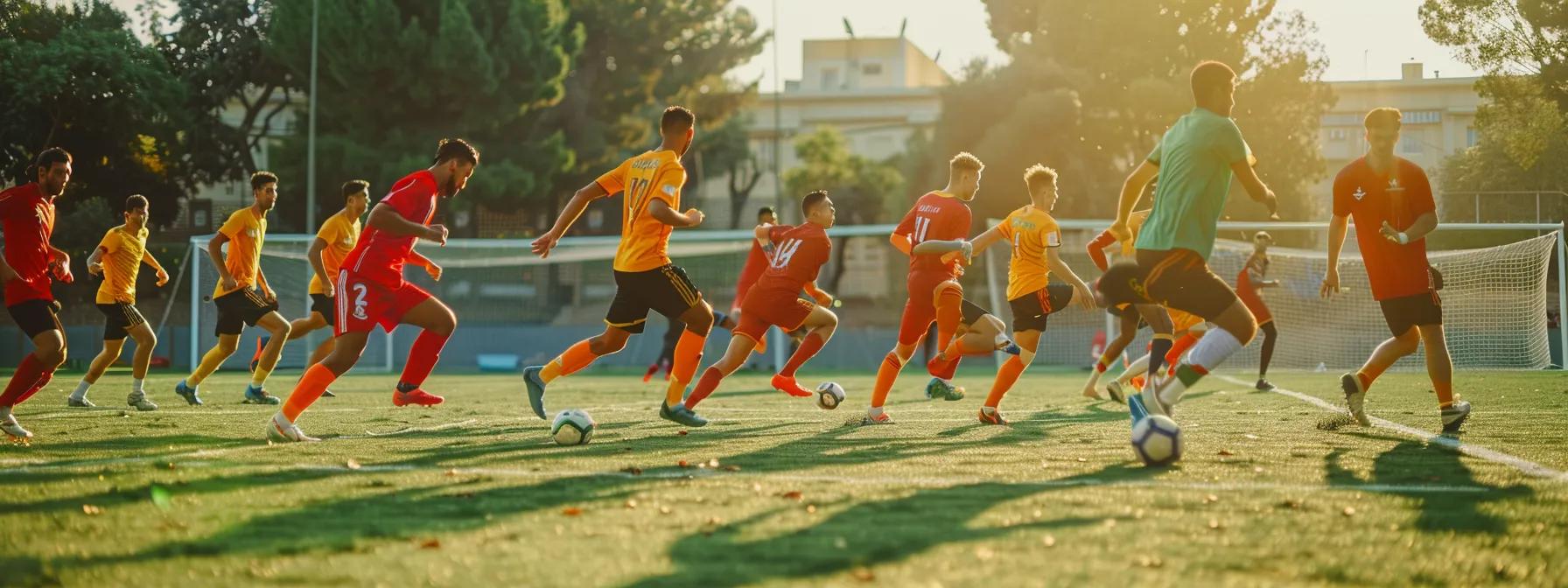 a dynamic football training session in a synthetic turf field setting, showcasing diverse players in vibrant team uniforms practicing key positions with focused expressions and intense energy.