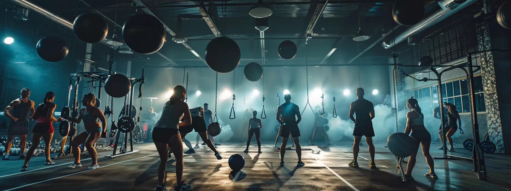 a dynamic gym scene captures a diverse group of elite athletes engaged in an intense training session, showcasing a blend of strength training, cardio, and hiit exercises under dramatic overhead lighting that emphasizes their focus and dedication.