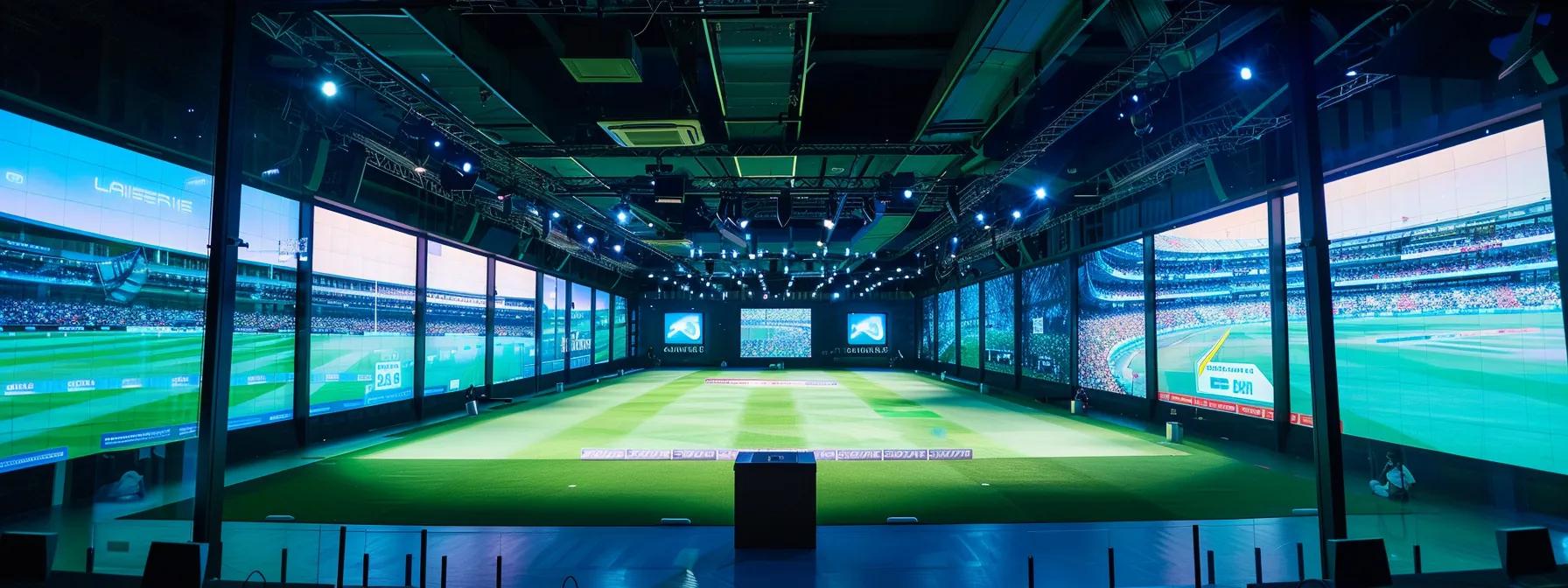 a dynamic indoor cricket training facility features players analyzing high-tech data analytics on large screens, instantly adapting their strategies amidst illuminated stadium-style surroundings, emphasizing the innovative evolution of the game.