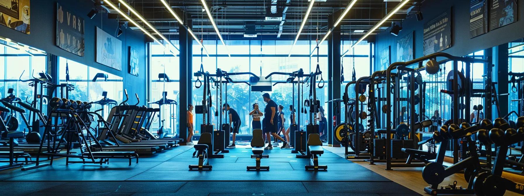 a dynamic indoor gym scene captures individuals of diverse fitness levels engaging in tailored workouts inspired by famous athletes, with vibrant, modern equipment and motivational posters lining the walls.