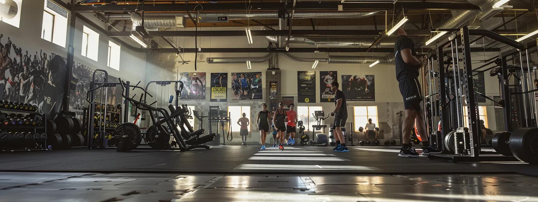 a dynamic indoor gym setting showcases a diverse group of elite athletes engaged in intense training routines, with motivational posters on the walls and sophisticated workout equipment reflecting their discipline and dedication to excellence.