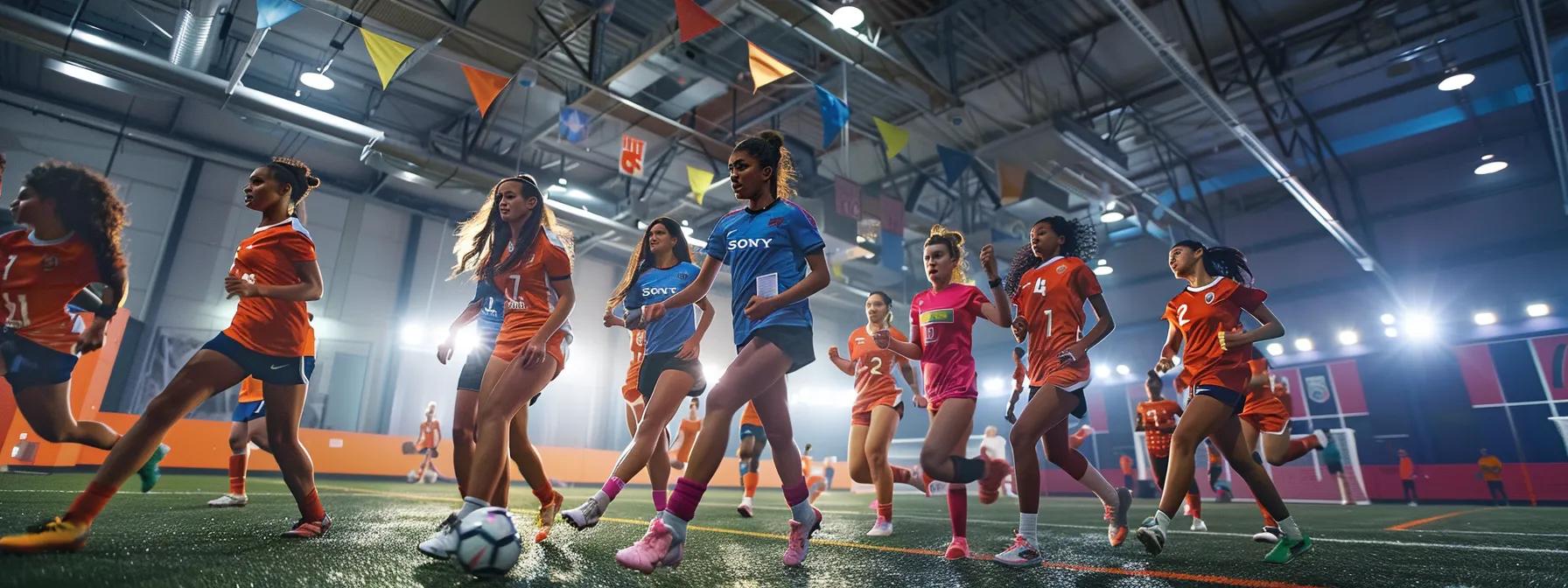 a dynamic indoor scene captures a diverse group of women athletes in vibrant soccer uniforms, passionately training in a modern sports facility adorned with banners celebrating women's soccer milestones and achievements, illuminated by bright overhead lights to emphasize their determination and commitment.