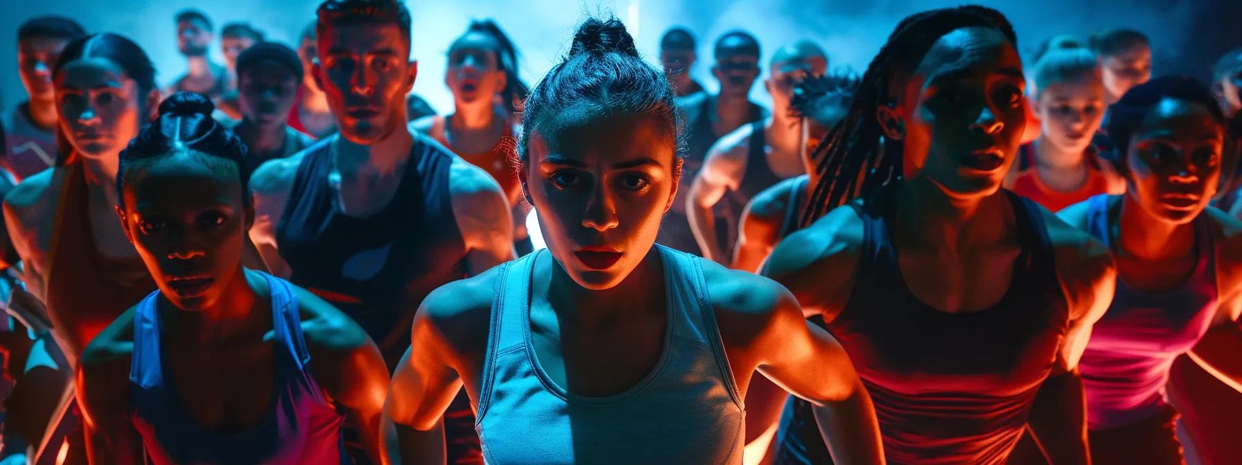 a dynamic indoor scene captures a diverse group of athletes in an olympic-themed hall, with dramatic lighting highlighting their expressions of determination and triumph as they prepare for a momentous performance, embodying the spirit of redefining human potential.
