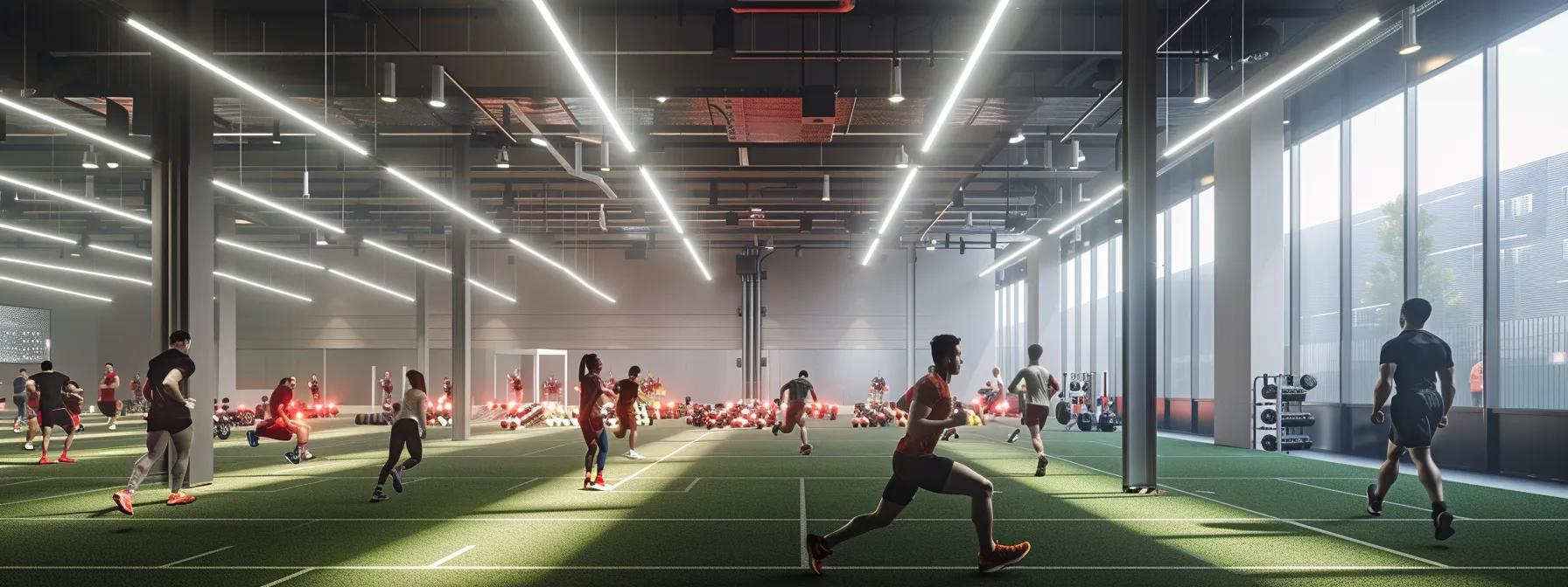 a dynamic indoor sports training facility captures athletes engaged in energizing warm-up exercises, showcasing vibrant movements that emphasize muscle activation and injury prevention in a high-intensity environment.