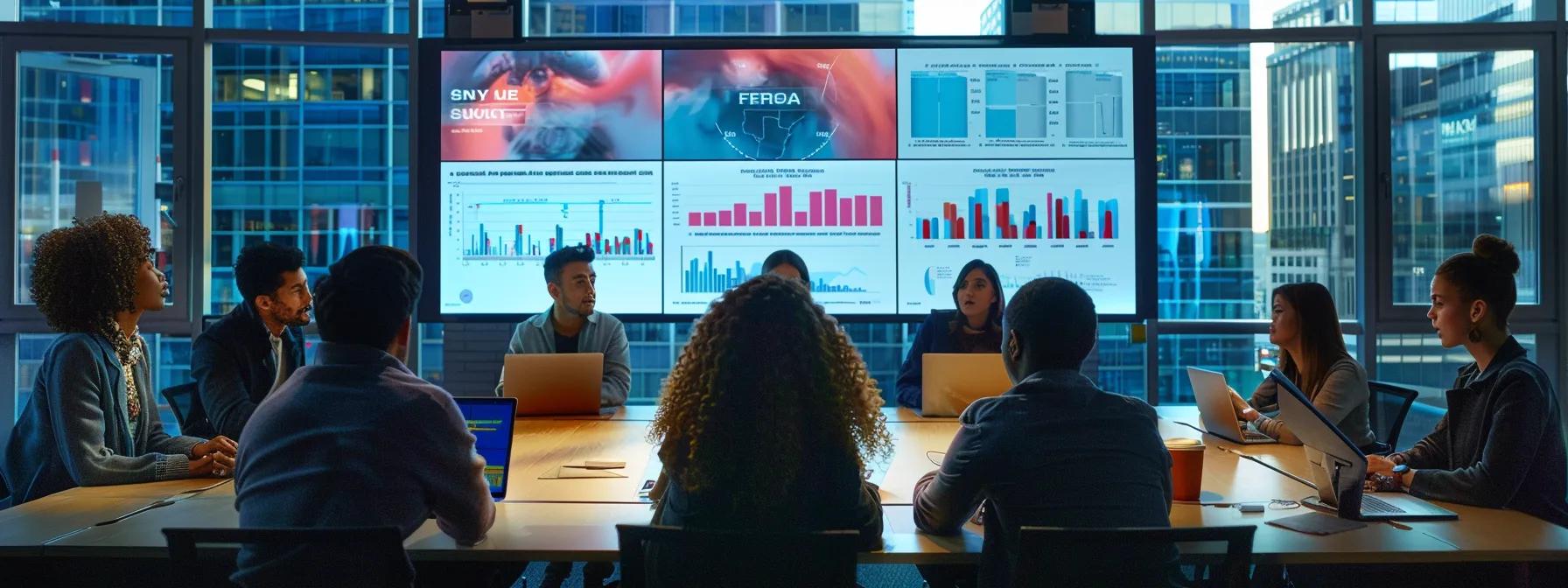 a dynamic, modern office conference room is filled with diverse professionals engaged in an animated discussion, analyzing a vibrant infographic displayed on a large screen that highlights the growth and impact of women's football leagues, players, and tournaments.