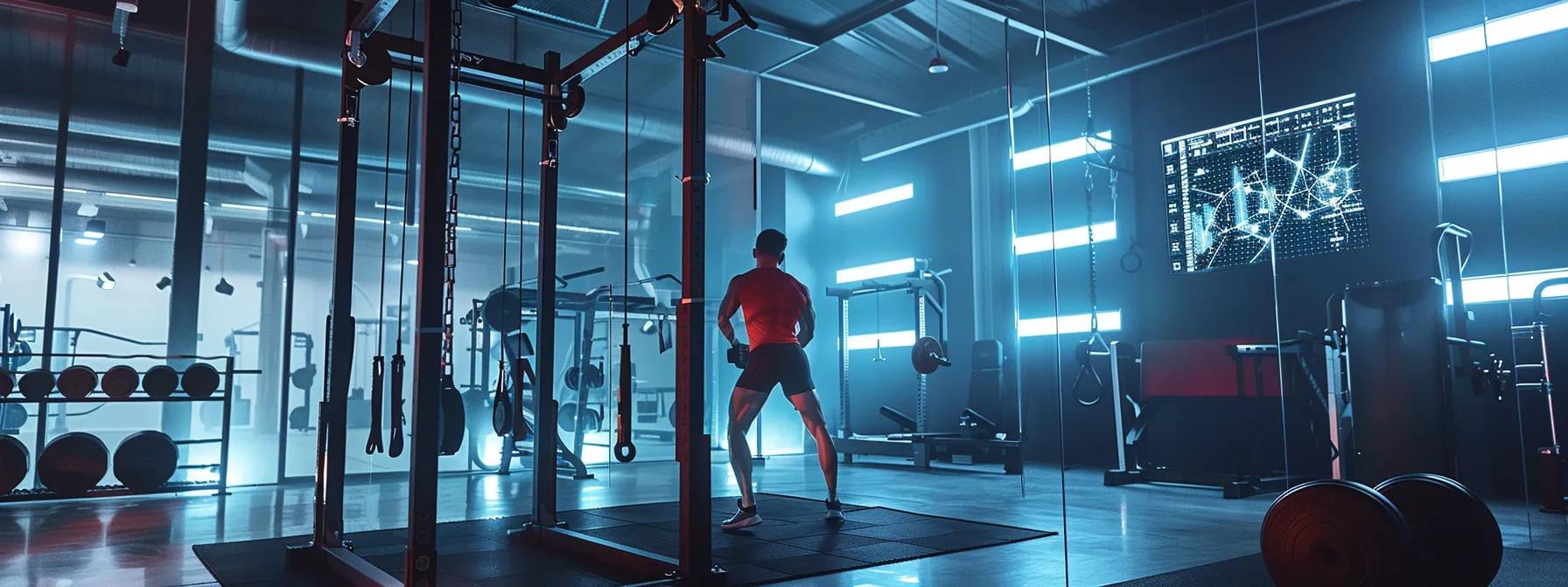 a dynamic scene of an athlete performing an intense training session in a high-tech gym, surrounded by advanced performance monitoring equipment, emphasizing strength training and athletic drills under bright, focused lighting.