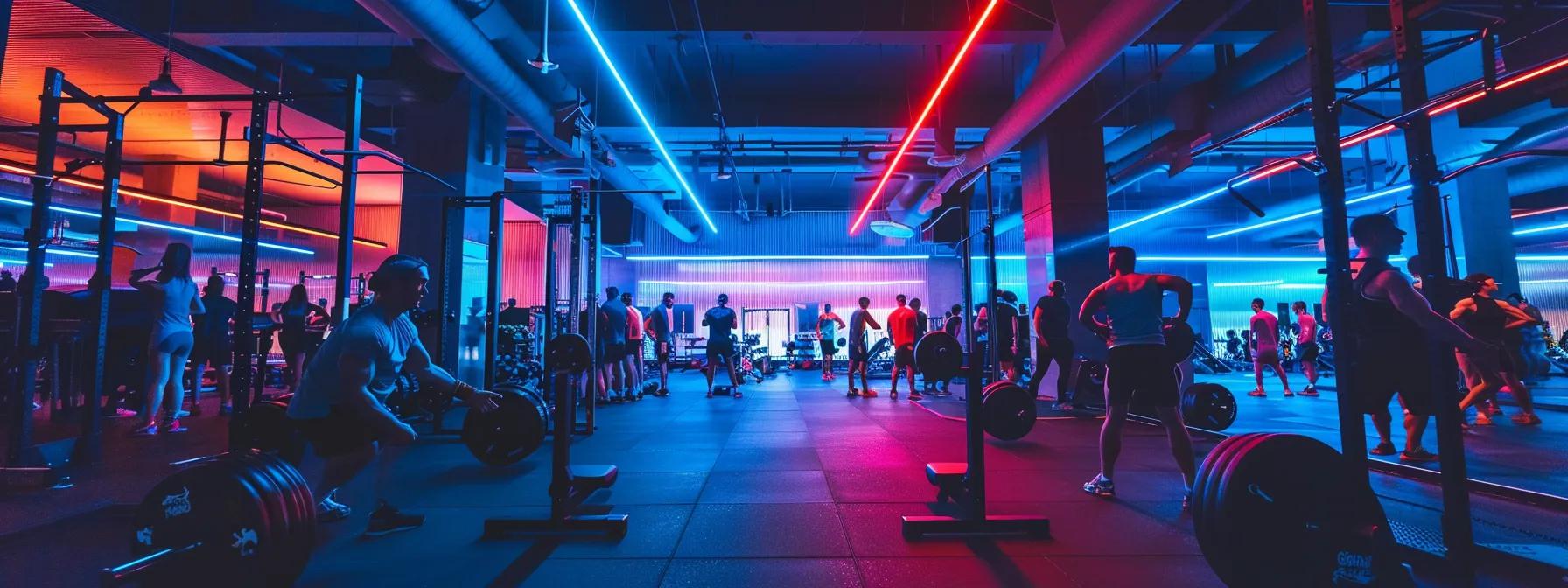 a dynamic training space filled with athletes engaged in various activities, showcasing a blend of strength training, nutrition planning, and mental coaching sessions, all under vibrant artificial lighting that emphasizes their focused expressions and dedication to holistic performance enhancement.