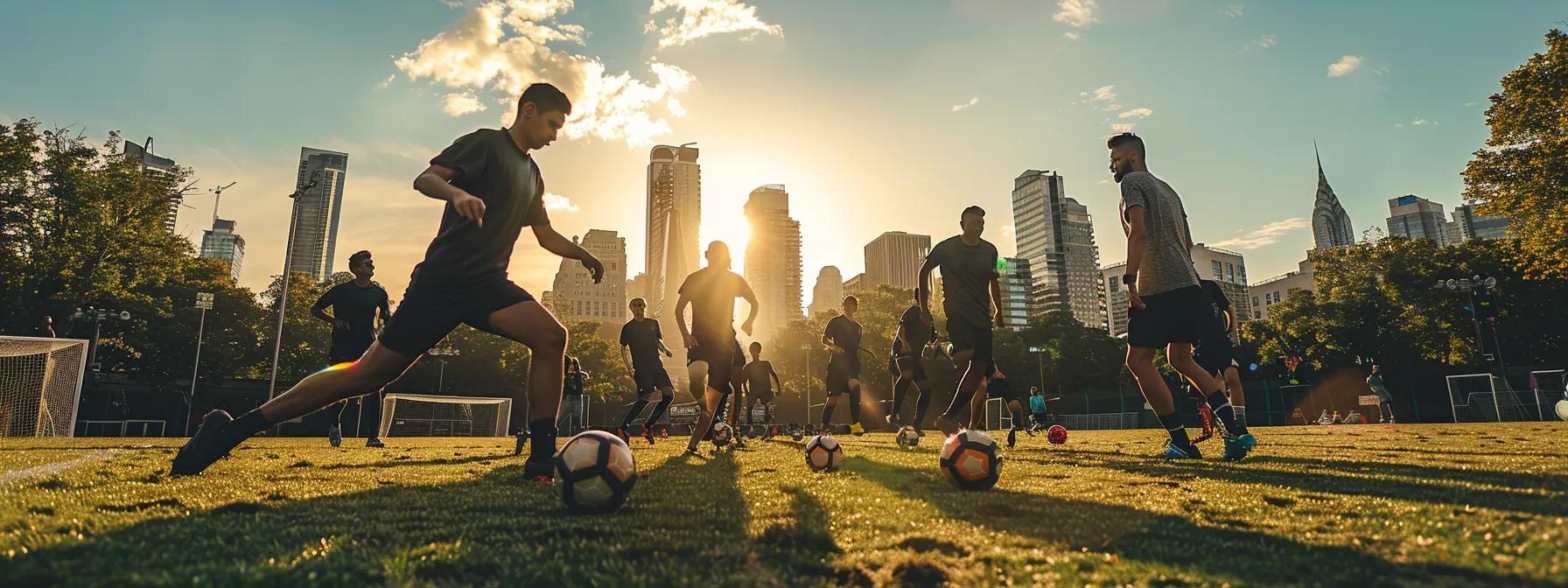 a dynamic urban football training session captures beginners actively practicing techniques on a vibrant field, with a coach providing energetic guidance amidst the hustle and bustle of the city skyline.