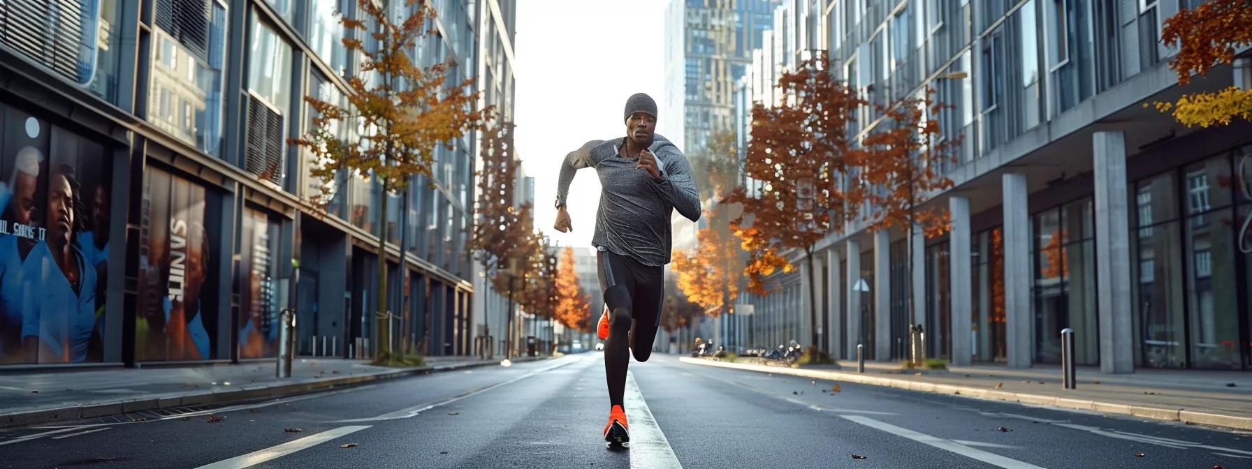 a dynamic urban running scene captures a focused athlete clad in high-quality technical gear, sprinting along a sleek, modern city street, with motivational posters and digital coaching screens visible in the background, symbolizing the support and resources that enhance marathon training.