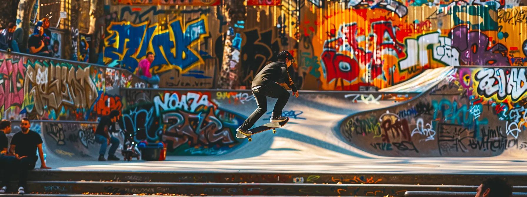 a dynamic urban skatepark scene captures skateboarders performing high-energy tricks against a backdrop of colorful graffiti, showcasing the vibrant culture and evolution of olympic skateboarding.