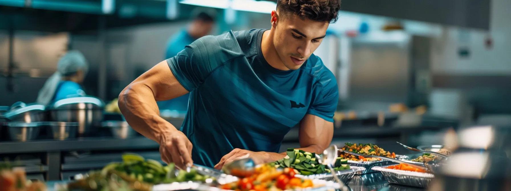 a focused athlete examines a spread of nutritious meal options in a sleek, modern sports nutrition facility, highlighting the complexities of meal planning amid a demanding training schedule.