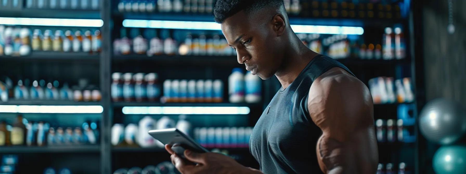 a focused athlete in a sleek, modern gym studies a vibrant, customized nutrition plan displayed on a digital tablet, surrounded by high-tech equipment and sport-specific supplements that highlight the intersection of personalized nutrition and athletic performance.