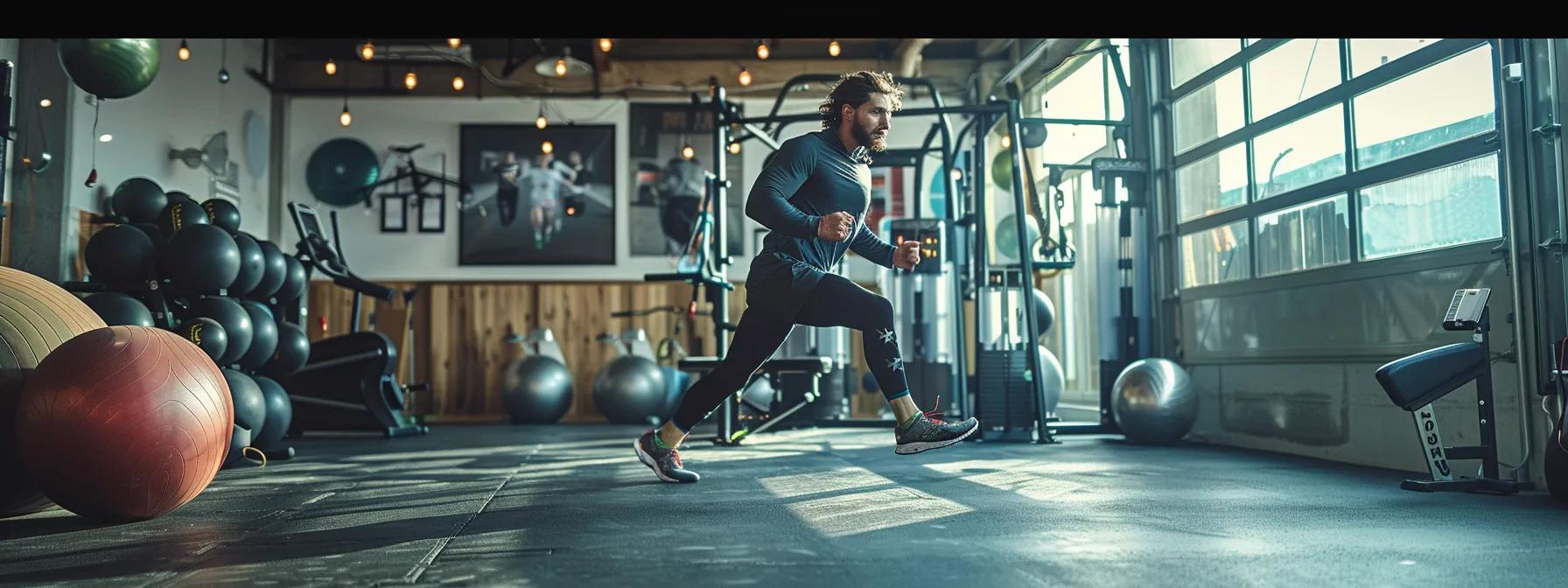 a focused runner, dressed in dynamic athletic gear, trains in a modern gym environment, surrounded by fitness equipment and motivational posters, while engaging in a strength exercise on a stability ball to emphasize injury prevention strategies for marathon training.