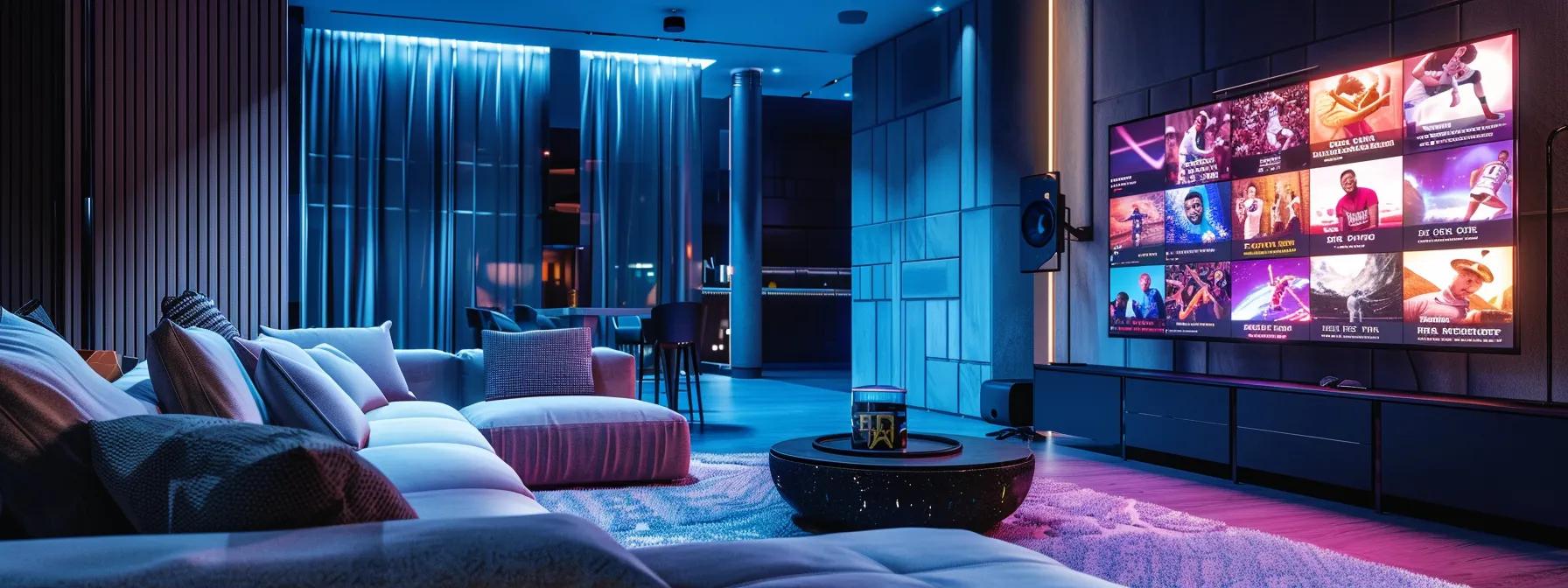 a modern living room, adorned with plush furnishings and a large flat-screen tv, showcases a captivating sports documentary streaming interface, illuminated by the warm glow of ambient lighting, highlighting various iconic athletes and dramatic scenes from the world of sports.