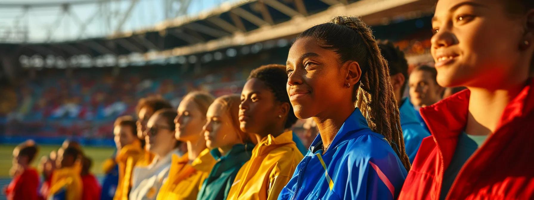 a powerful portrait of a diverse group of olympic athletes standing proudly in their team jackets, showcasing a backdrop of a vibrant stadium filled with cheering fans, embodying triumph and resilience in their expressions.