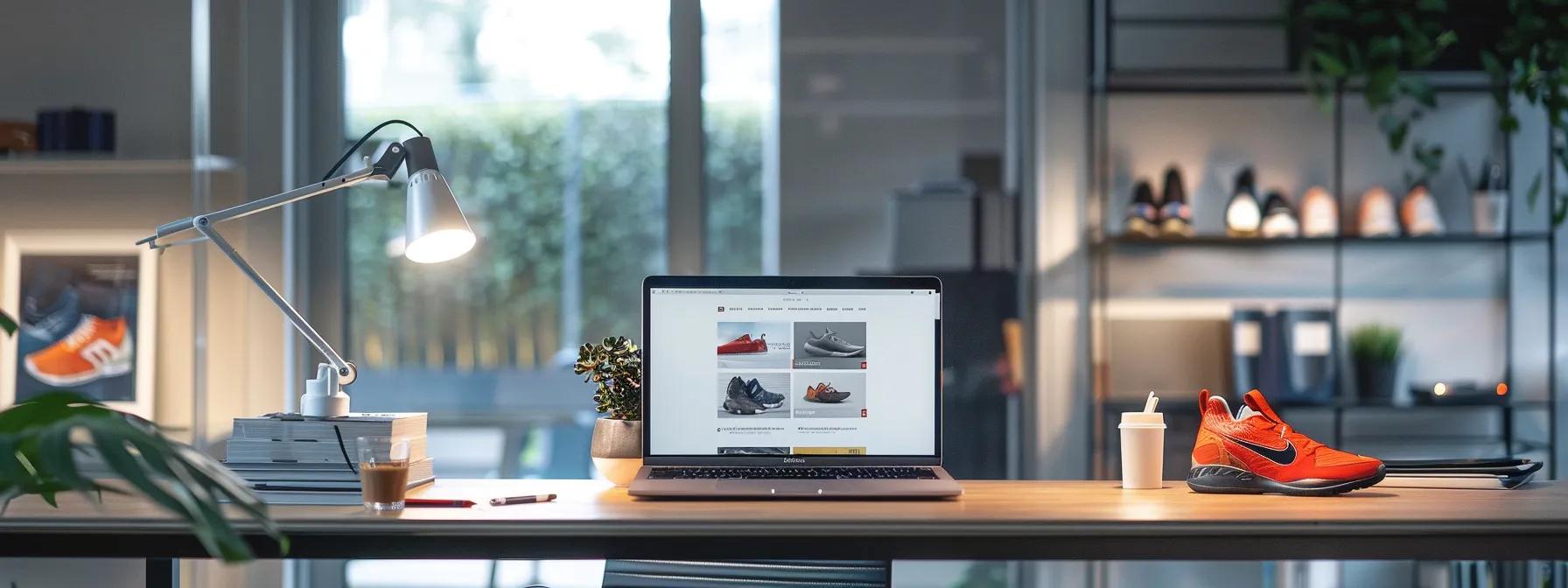 a sleek, modern office setting features a laptop displaying a vibrant website filled with expert reviews and user testimonials for running shoes, illuminated by focused overhead lighting that enhances the digital interface.