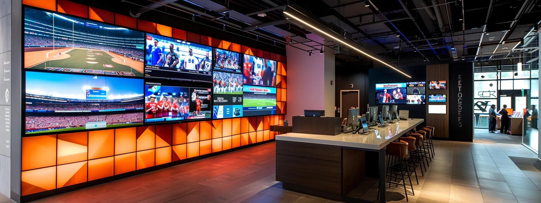 a sleek, modern office space features an expansive digital display showcasing various sports documentaries, surrounded by enthusiastic fans comparing ratings and reviews on tablets and laptops, all illuminated by vibrant artificial lighting that enhances the energetic atmosphere.