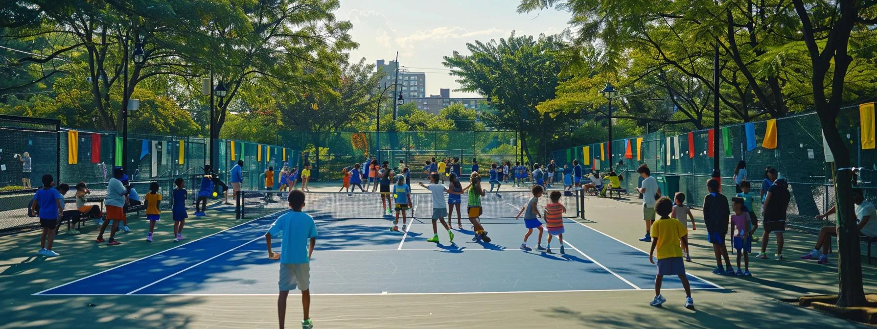 a vibrant community tennis clinic in an urban park features diverse participants, with colorful banners and courts filled with eager players, embodying the spirit of grassroots initiatives that promote inclusivity and accessibility in the sport.