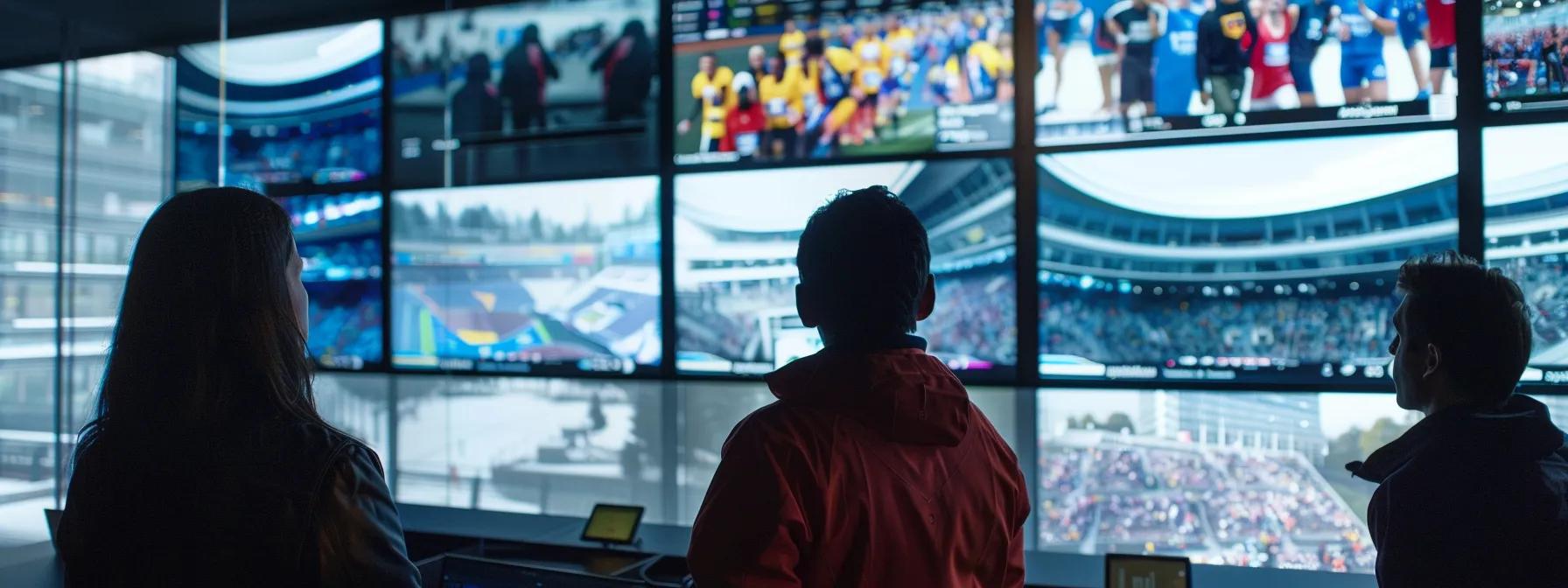 a vibrant digital interface displays iconic olympic moments, populated by engaged fans interacting through immersive documentaries and lively forums in a sleek, modern office setting.