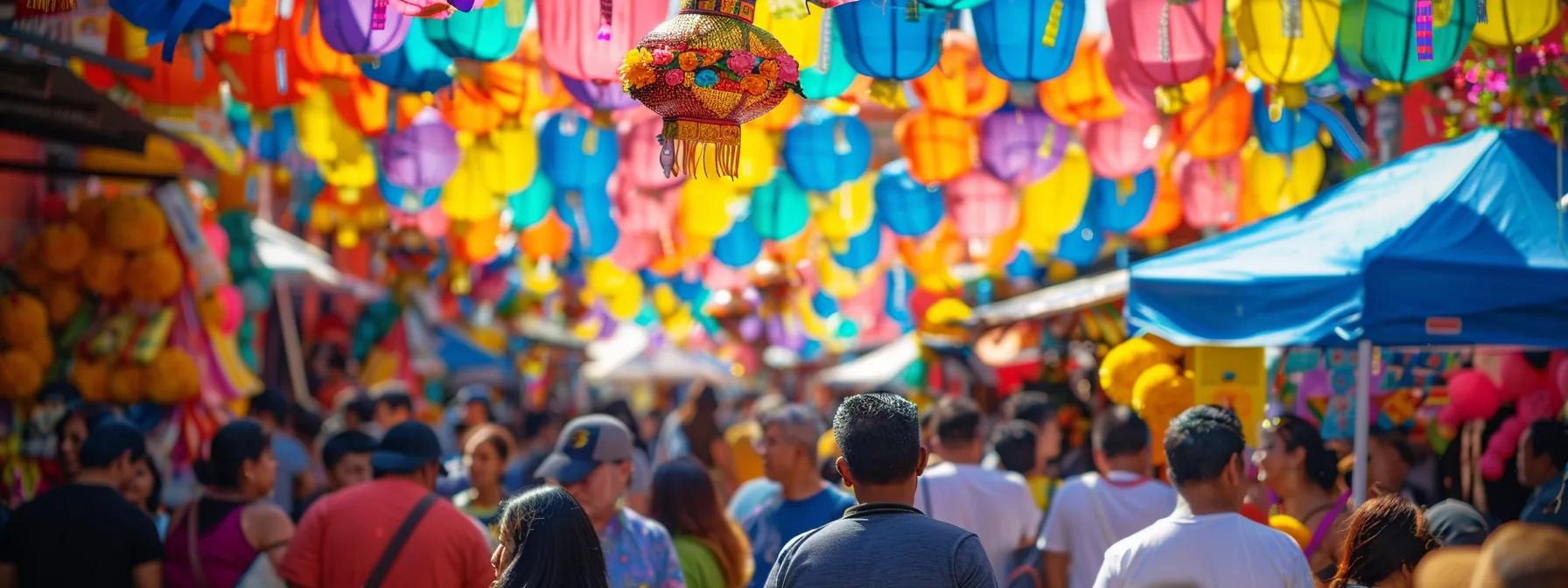 a vibrant sports festival unfolds in a bustling urban plaza, with colorful traditional decorations, enthusiastic fans adorned in local attire, and tantalizing food stalls offering regional delicacies, all set against a backdrop of dynamic sporting events.