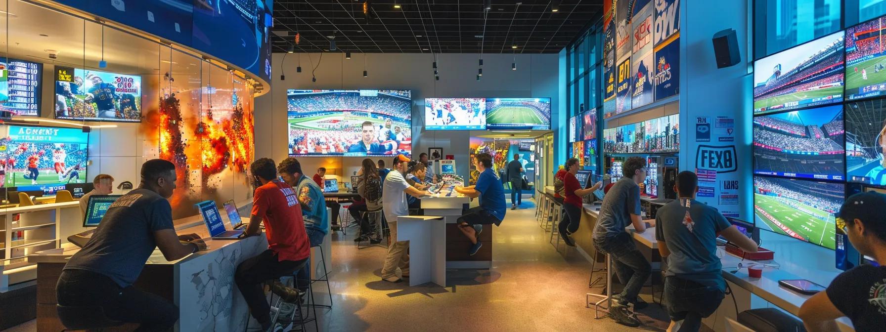 a vibrant sports travel agency office bustling with energetic fans eagerly discussing their upcoming game packages, surrounded by eye-catching banners of iconic stadiums and memorabilia, creating an atmosphere of anticipation and excitement.