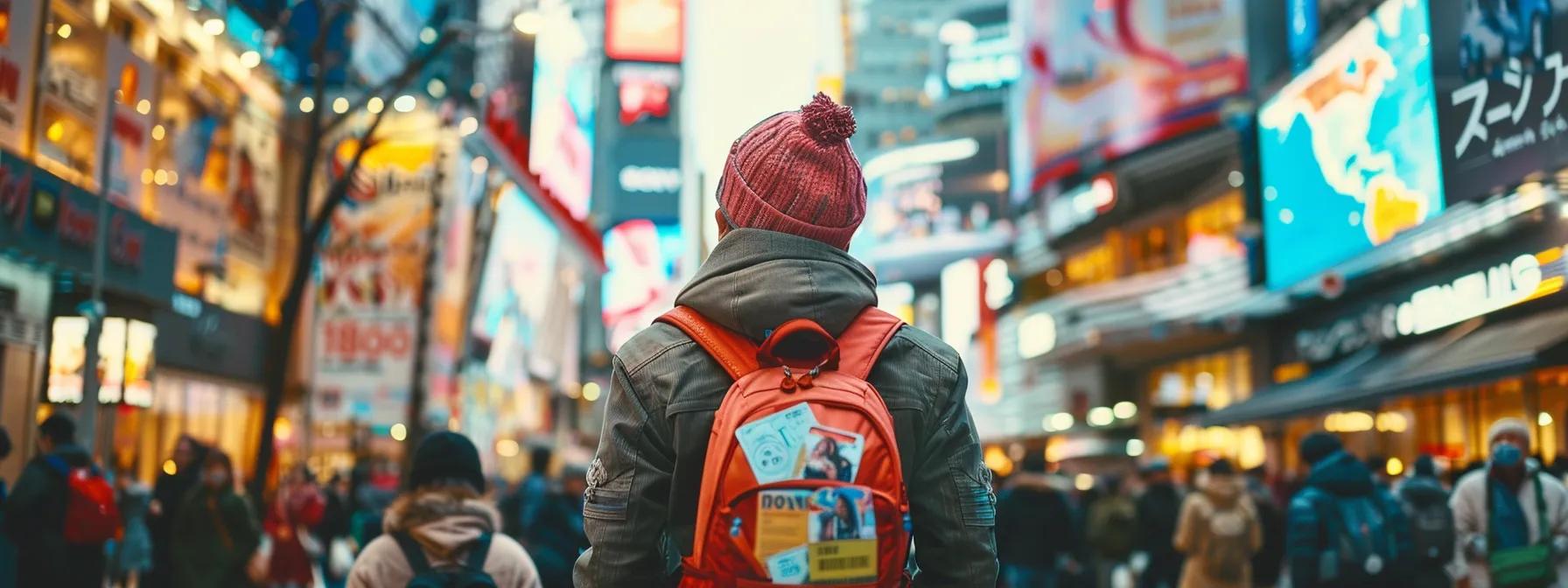 a vibrant urban scene captures an enthusiastic sports fan in a bustling city center, surrounded by travel essentials like maps and tickets, emphasizing the excitement and meticulous planning involved in a seamless sports travel experience.