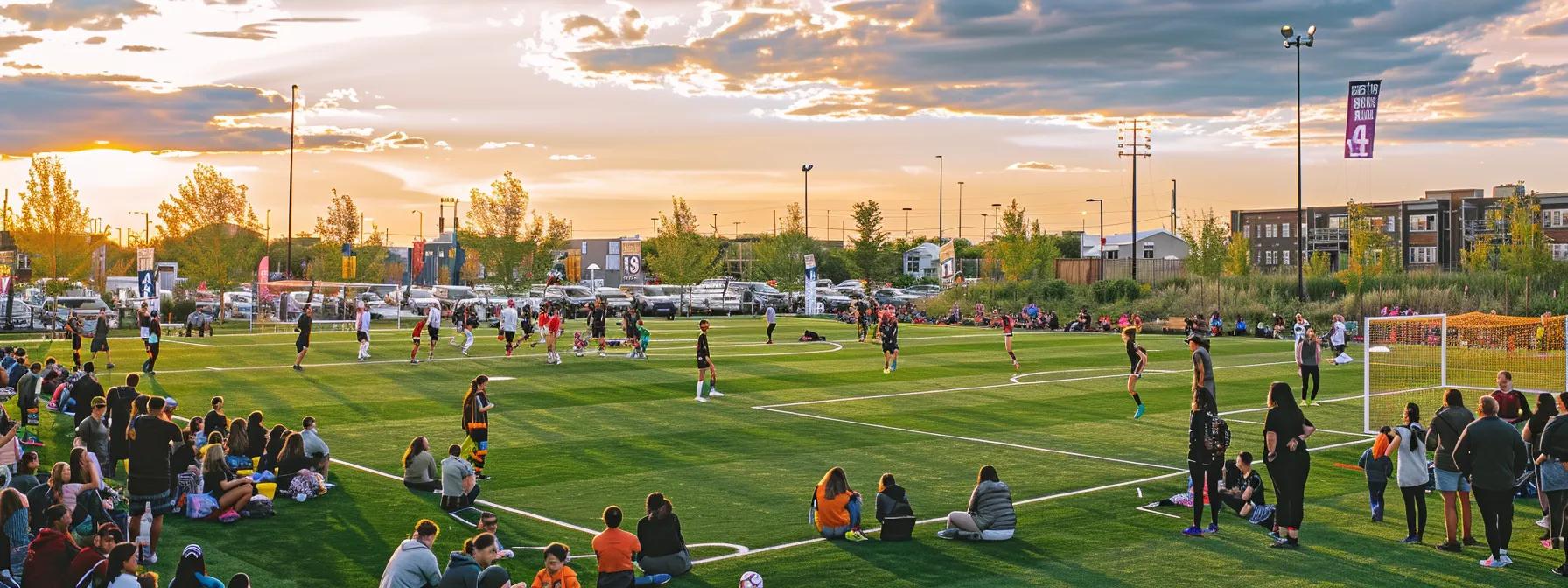 a vibrant urban soccer field filled with enthusiastic fans and players engaging in community activities, showcasing the dynamic spirit and unity of women's football as banners and digital displays celebrate local teams and grassroots initiatives.