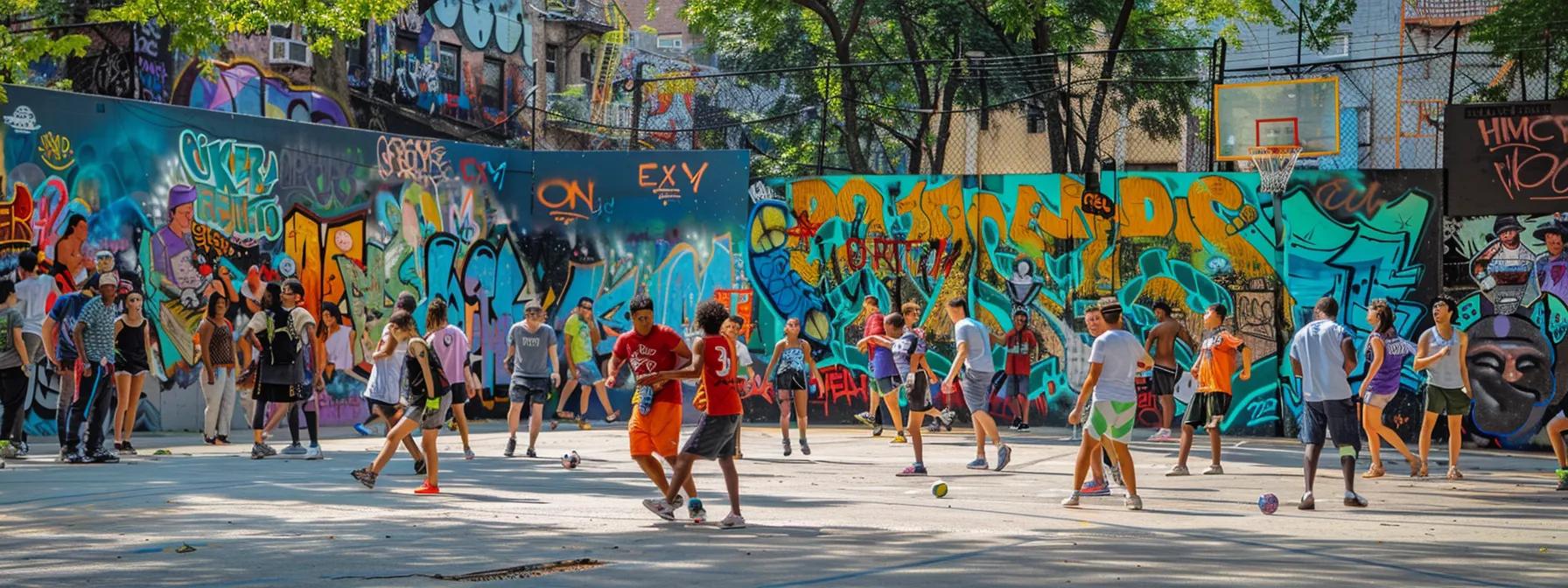 a vibrant urban street scene captures a diverse group of individuals enthusiastically participating in various street sports, showcasing a sense of community and energy against a backdrop of colorful graffiti and urban architecture.