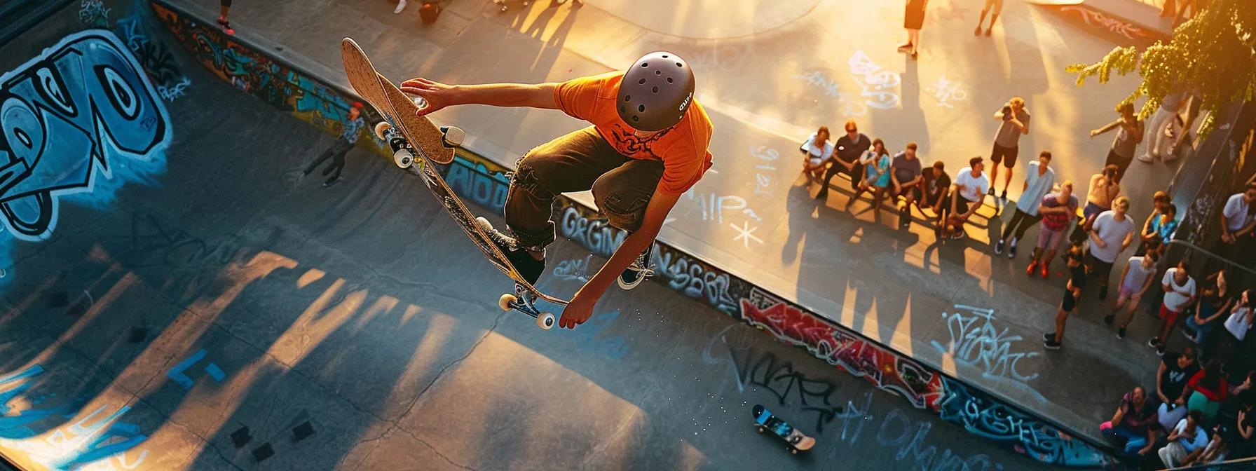 an electrifying urban skatepark scene captures athletes soaring through the air, showcasing their impressive tricks and artistry against a backdrop of spectators, vibrant graffiti, and the intense atmosphere of an olympic skateboarding competition.