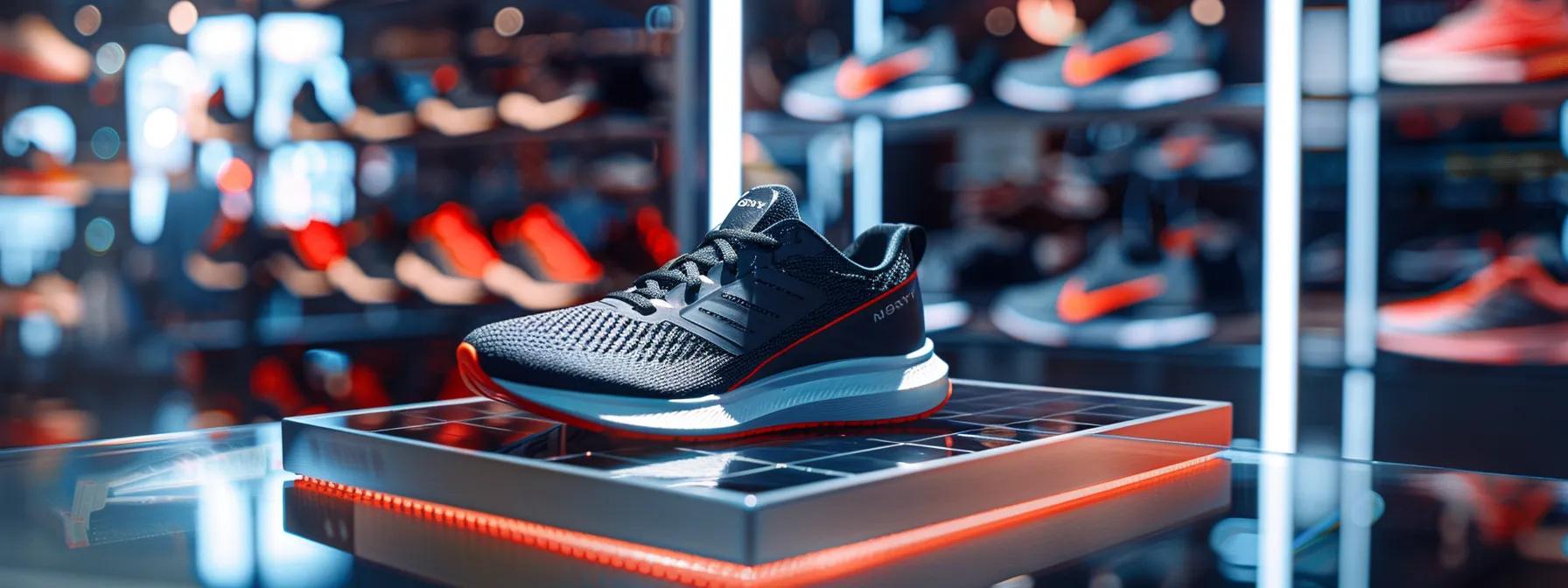 a close-up shot of a sleek, modern running shoe on a fitting platform surrounded by measuring tools in a well-lit, high-tech sports apparel store, emphasizing precision and comfort in running shoe fitting.