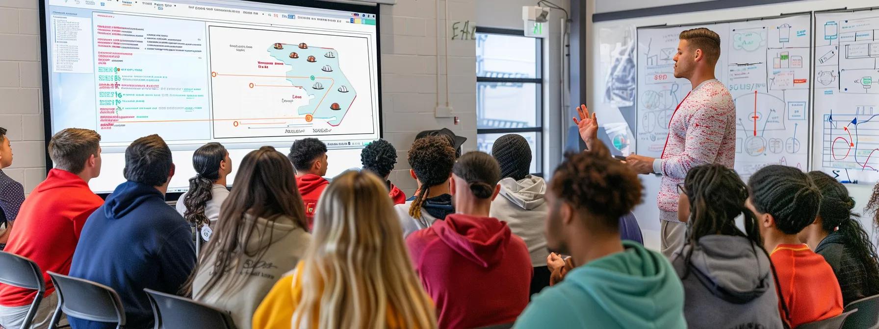 a dynamic football classroom scene captures a diverse group of eager beginners attentively watching a knowledgeable coach illustrate basic offensive and defensive strategies on a large whiteboard, with tactical diagrams prominently displayed and clear focus on the interactive discussion.