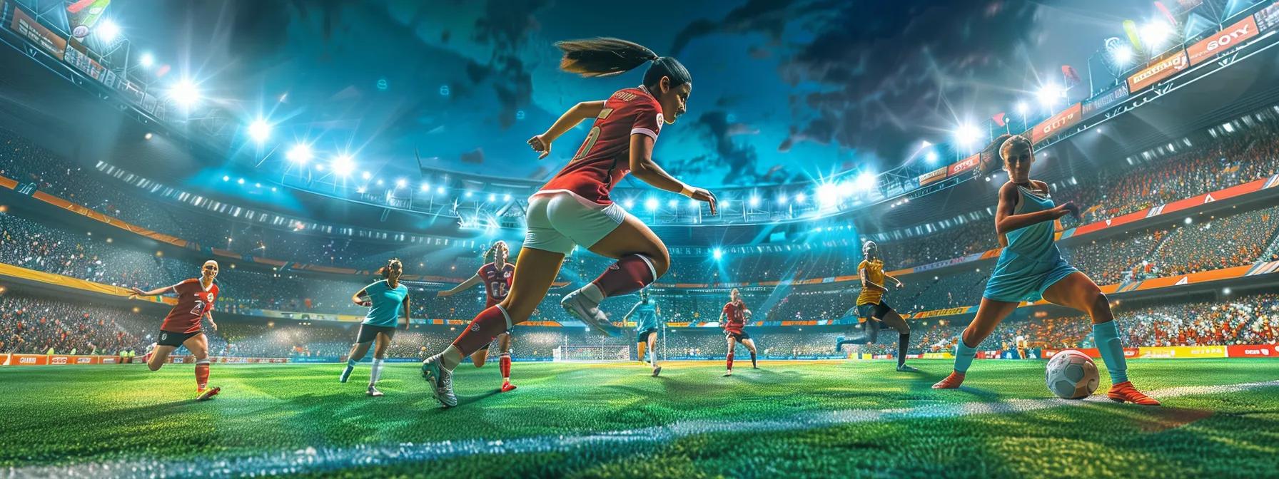 a dynamic illustration of a women's football match in a bustling urban stadium, showcasing talented athletes in action, with vibrant banners promoting community support and media presence, capturing the energy and passion of the sport's evolution.