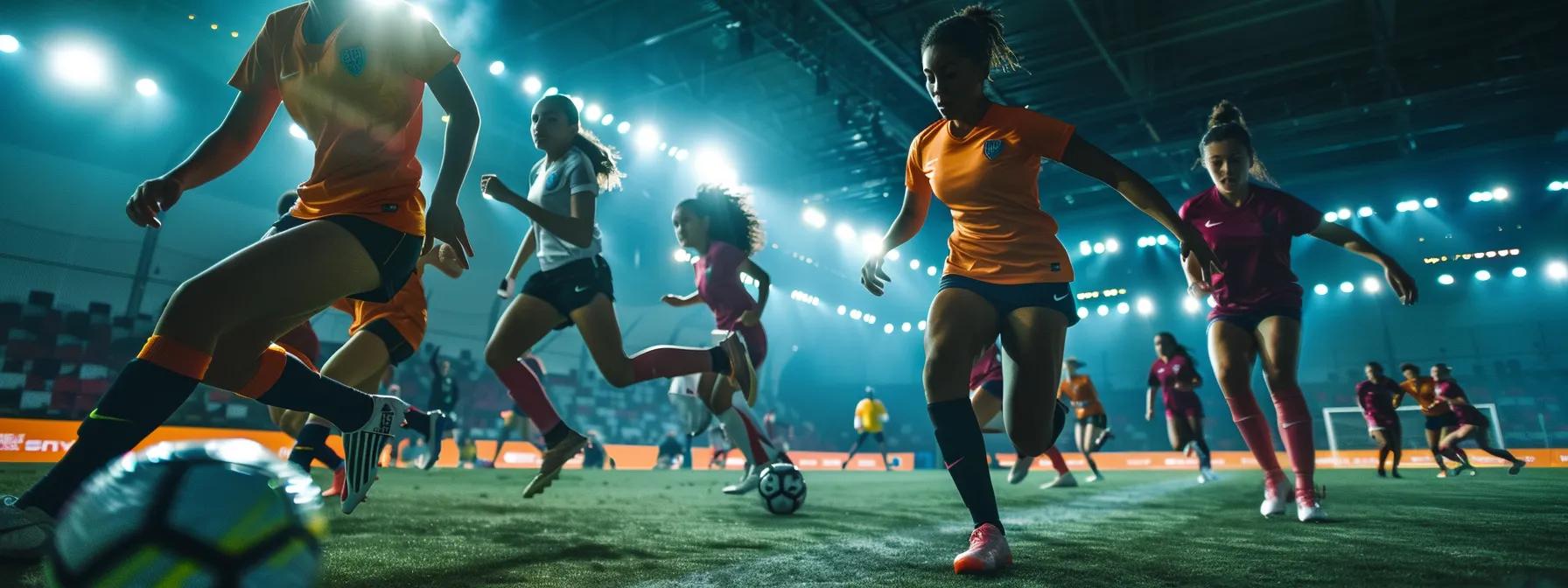 a dynamic indoor setting showcases a diverse group of top female football players in action, exuding confidence and energy as they train on a modern turf field, illuminated by vibrant stadium lights, symbolizing their impact on the sport and their role as empowering leaders in women's football.