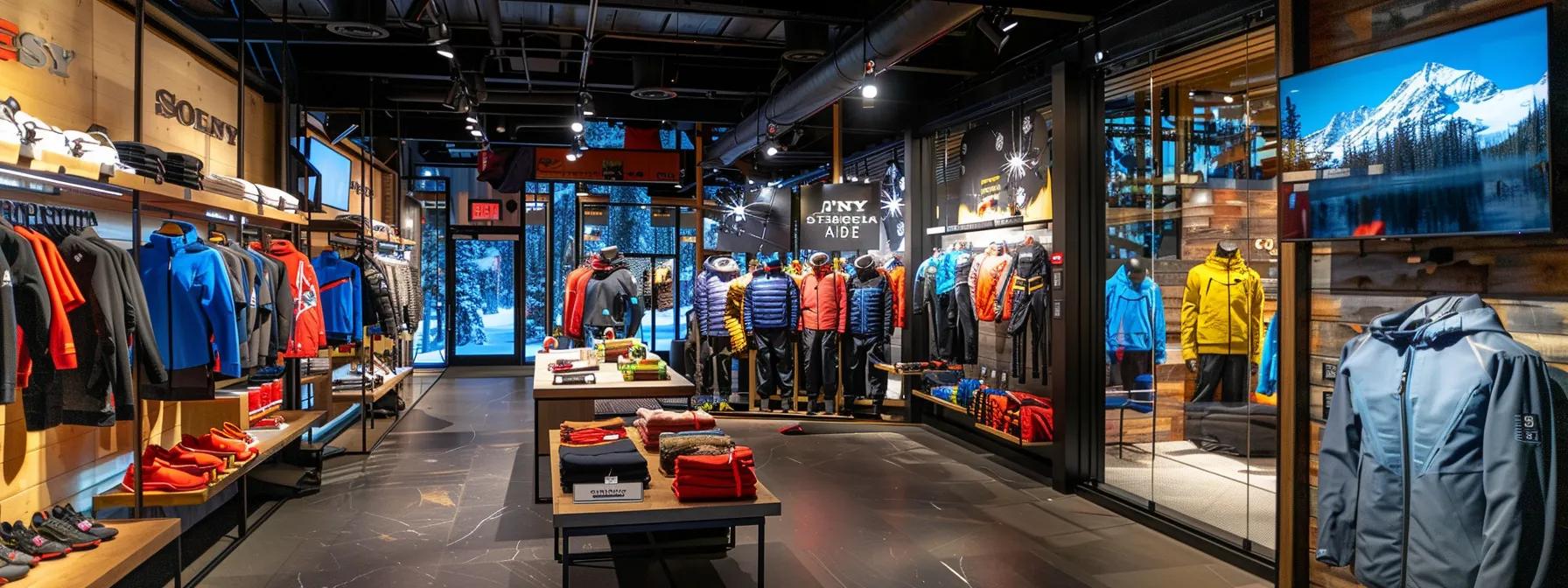 a dynamic indoor sports equipment showroom showcases a variety of high-performance gear tailored for different weather conditions, with focused lighting highlighting moisture-wicking apparel, waterproof footwear, and insulated clothing, conveying the critical influence of weather on athletic performance.