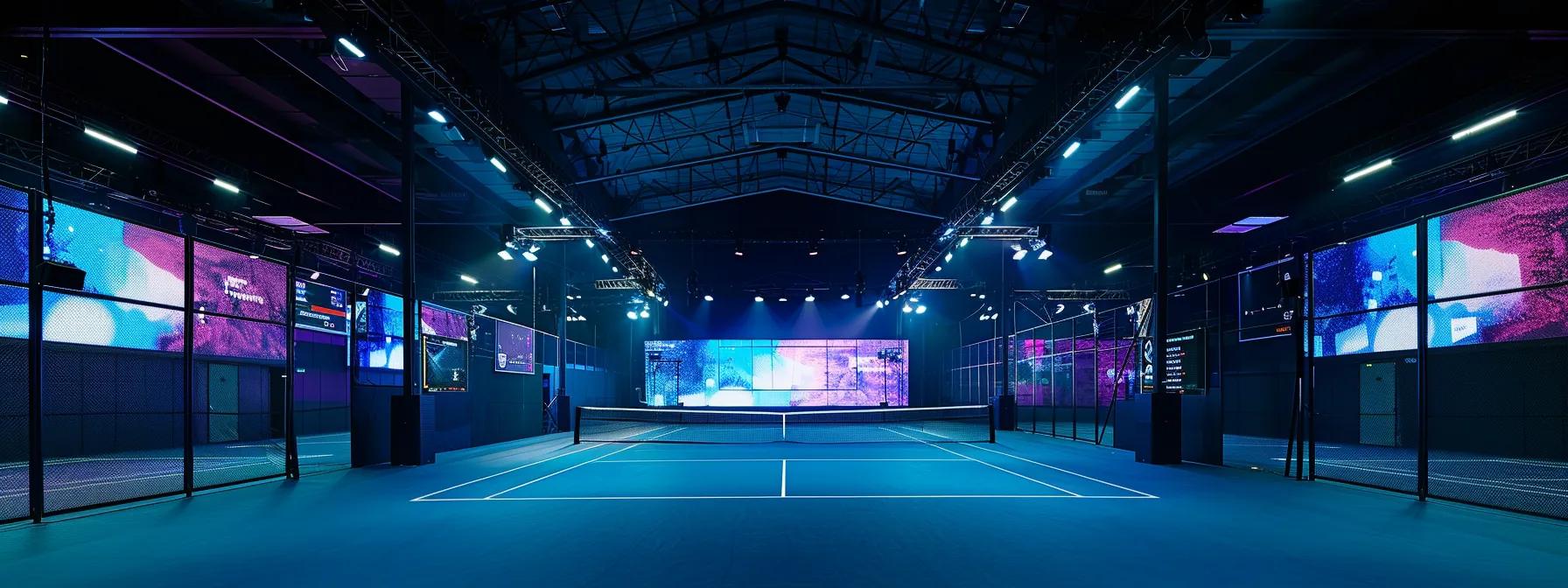 a dynamic indoor sports facility filled with young athletes engaged in intense training sessions, surrounded by digital screens displaying real-time performance analytics and progress metrics, emphasizing the role of data in enhancing tennis growth in emerging markets.