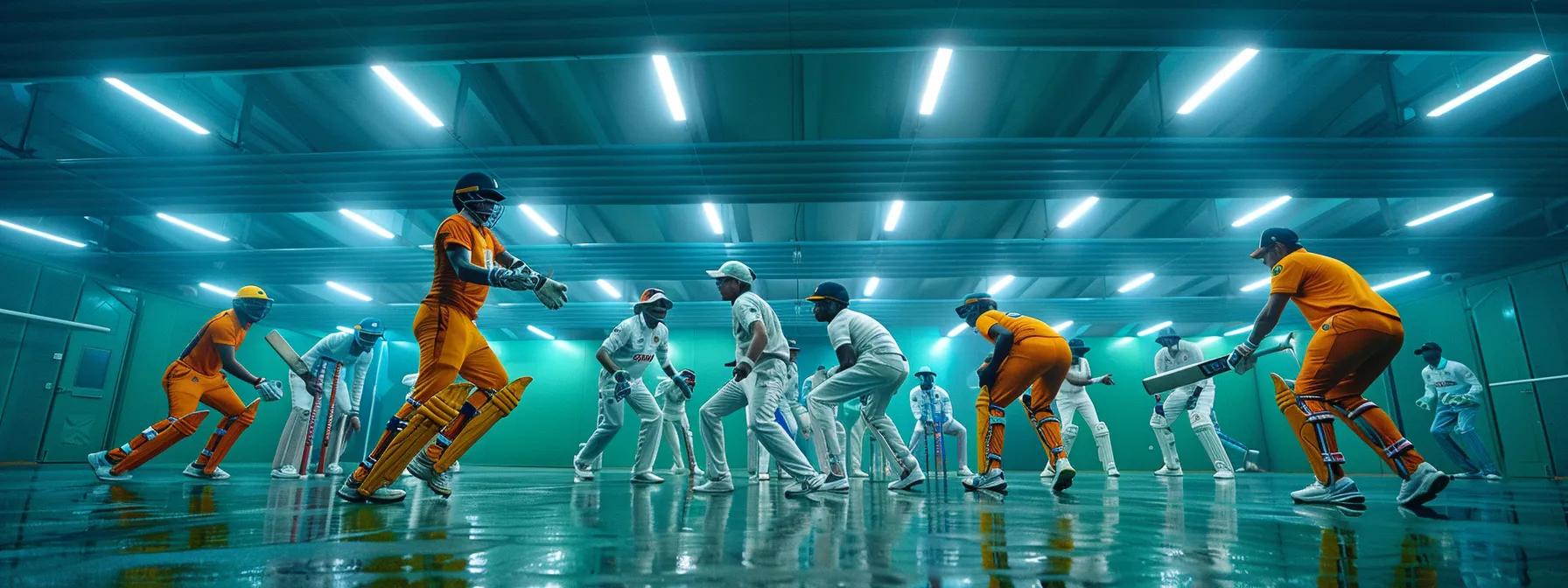 a dynamic indoor sports facility showcases a diverse group of cricket players in action, each representing different formats with distinct uniforms and gear, highlighting the evolution and versatility required in modern cricket careers.
