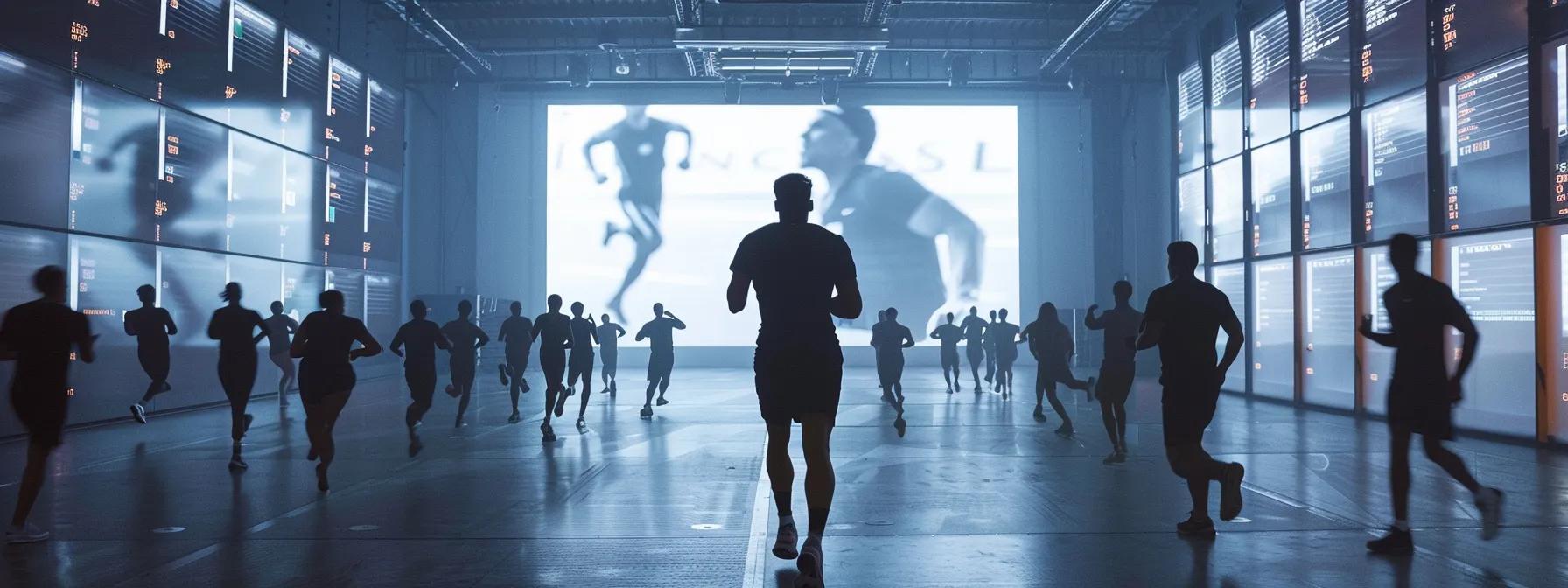 a dynamic indoor training environment showcases a coach leading a group of focused athletes through tailored exercises, with motivational visuals and performance data displayed on sleek monitors enhancing the atmosphere of strategic athlete development.