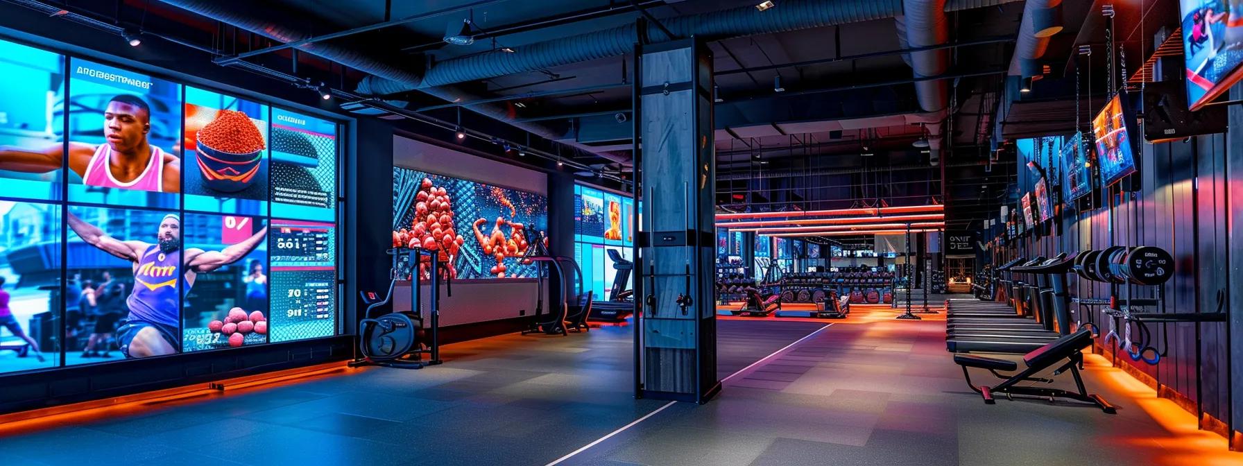 a dynamic, modern gym interior showcases diverse athletes engaging in intense training, with vibrant infographics highlighting key nutrients like carbohydrates and protein on sleek digital screens, emphasizing their impact on performance and recovery.