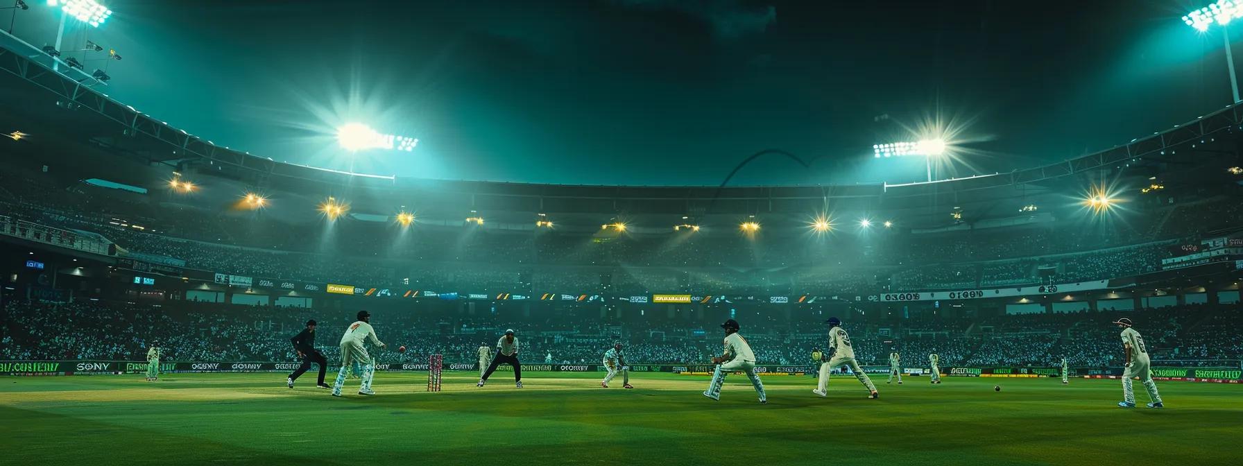 a dynamic t20 cricket match in a brightly lit stadium, showcasing players in mid-action as they unleash powerful shots and agile fielding maneuvers, capturing the electric atmosphere of high-stakes competition.