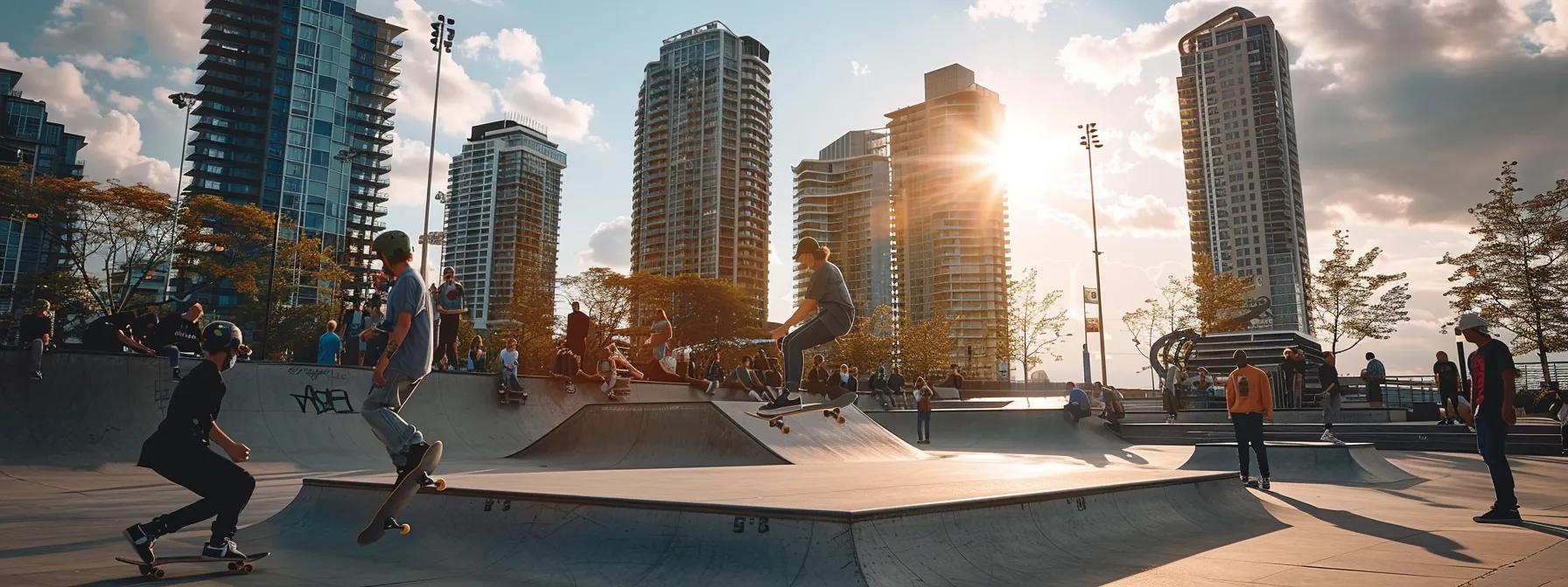 a dynamic urban skatepark scene captures skateboarders showcasing their impressive tricks against a vibrant city backdrop, highlighting the fusion of street culture and cutting-edge skateboarding technology.