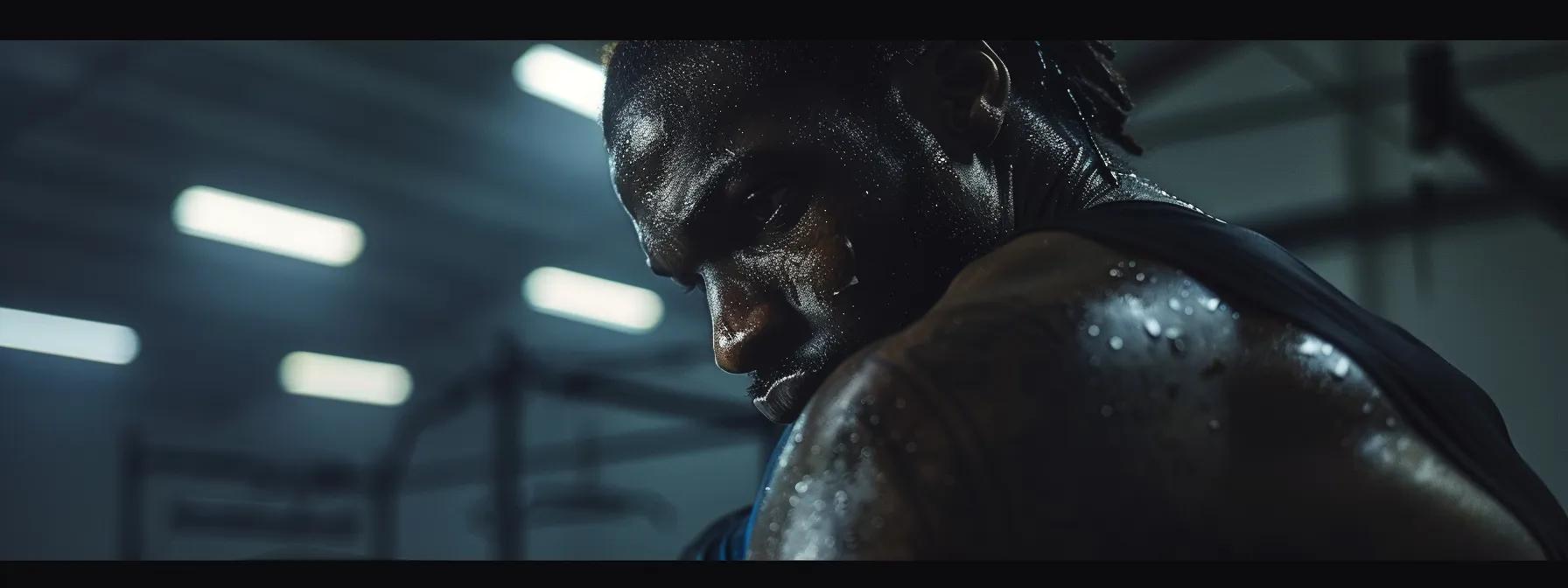 a focused athlete pushes their limits in a sleek indoor training facility, visibly sweating under the intense heat of artificial lighting, showcasing the struggle and determination against the physical challenges posed by high temperatures on their performance.