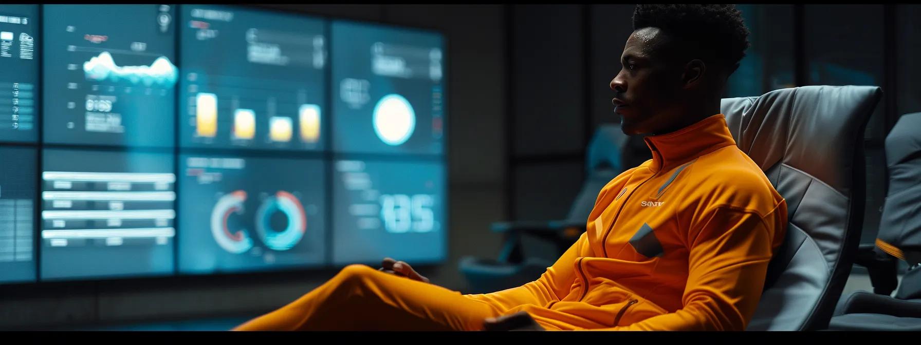 a focused athlete, seated in a sleek, modern training room, engages in visualization techniques while surrounded by motivational quotes and goal charts, capturing the essence of mental preparation under pressure.