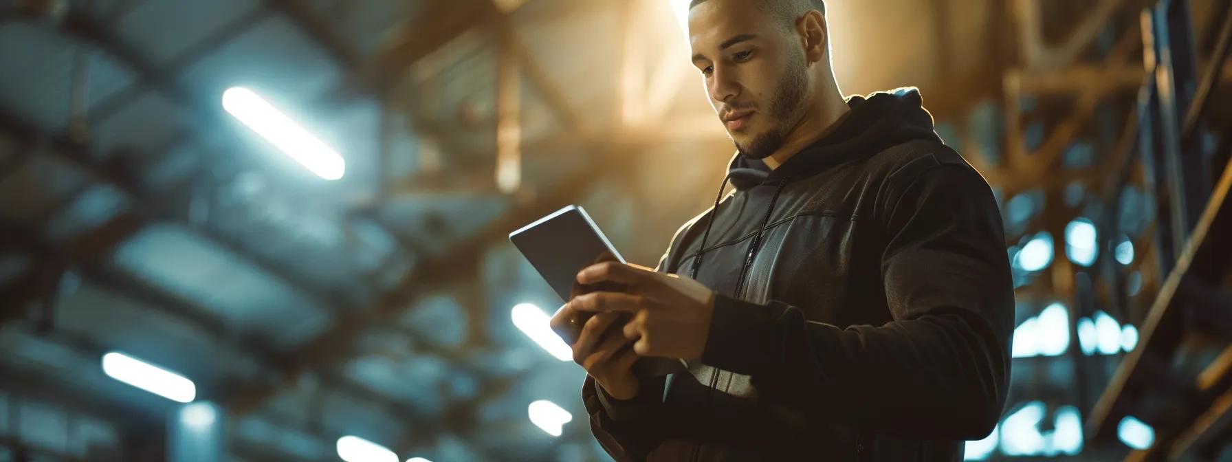a focused athletic coach analyzes performance data on a digital tablet while engaged in a dynamic indoor training session, illuminated by bright overhead lights.