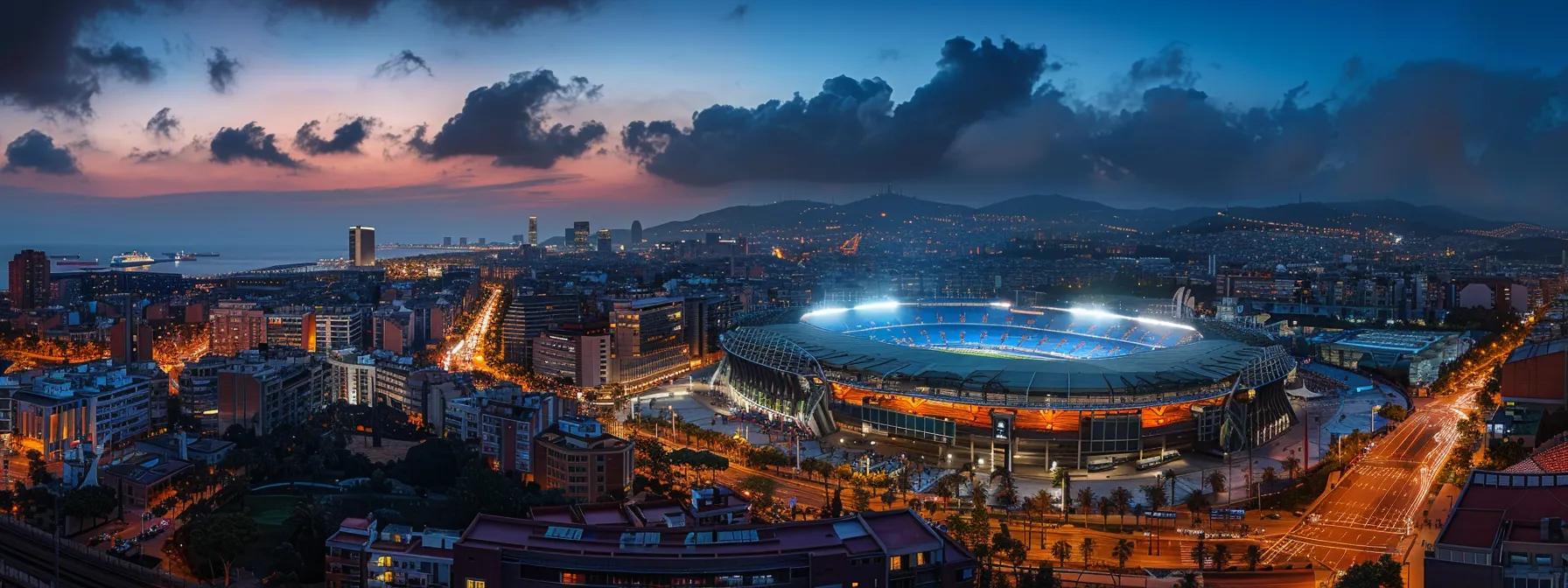 a panoramic view of a bustling sports district in barcelona, showcasing an iconic stadium illuminated by vibrant city lights, surrounded by excited fans wearing team colors, capturing the essence of game day excitement and rich sporting culture.