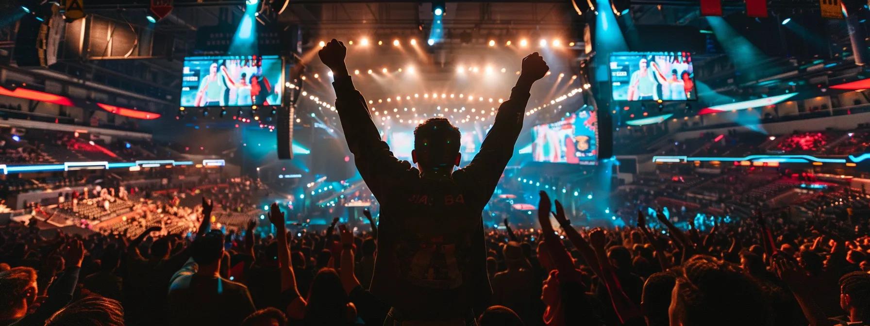 a powerful indoor arena filled with passionate fans, capturing the emotional moment of an athlete triumphantly raising their arms in victory, surrounded by vibrant banners and spotlights that evoke a sense of resilience and inspiration.
